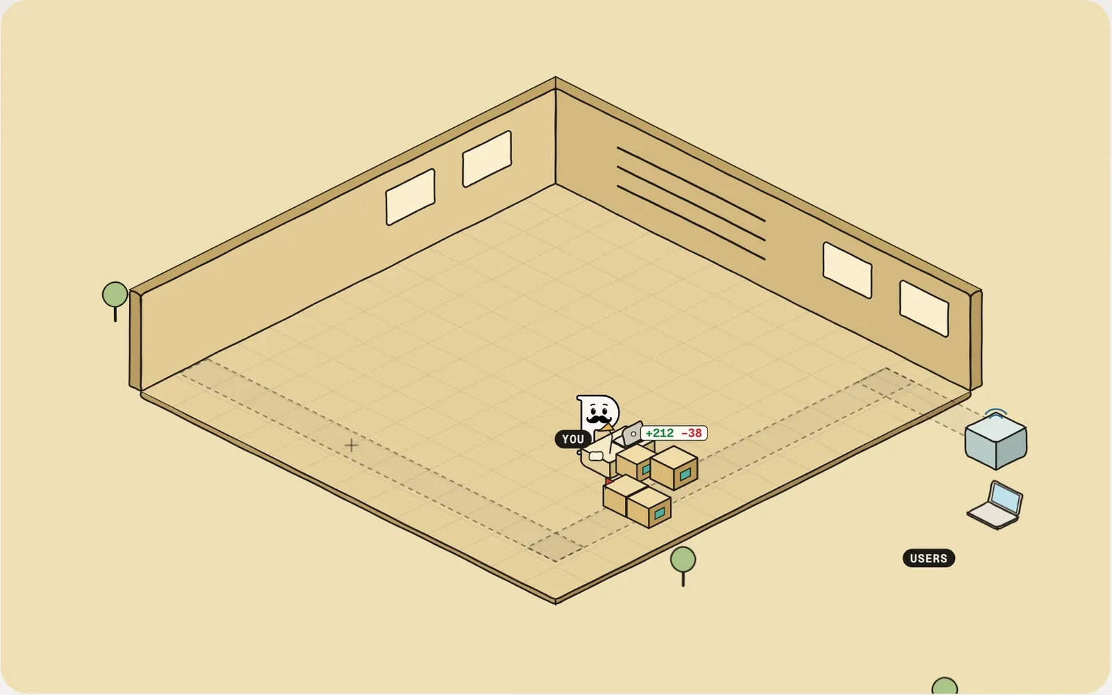 A hand-drawn isometric factory floor on manila: outside the left corner a postal robot files work into a pile of crates while a second robot sorts it and the mascot holds a priority list; inside, a robot in a judge's wig sits at a cork-board thread, robots in hard hats and inspectors' gear build and check crates on a conveyor belt, the mascot reads at a desk, a booth holds the night shift, and the belt ships out to a small town of laptops, phones and servers with an empty security post