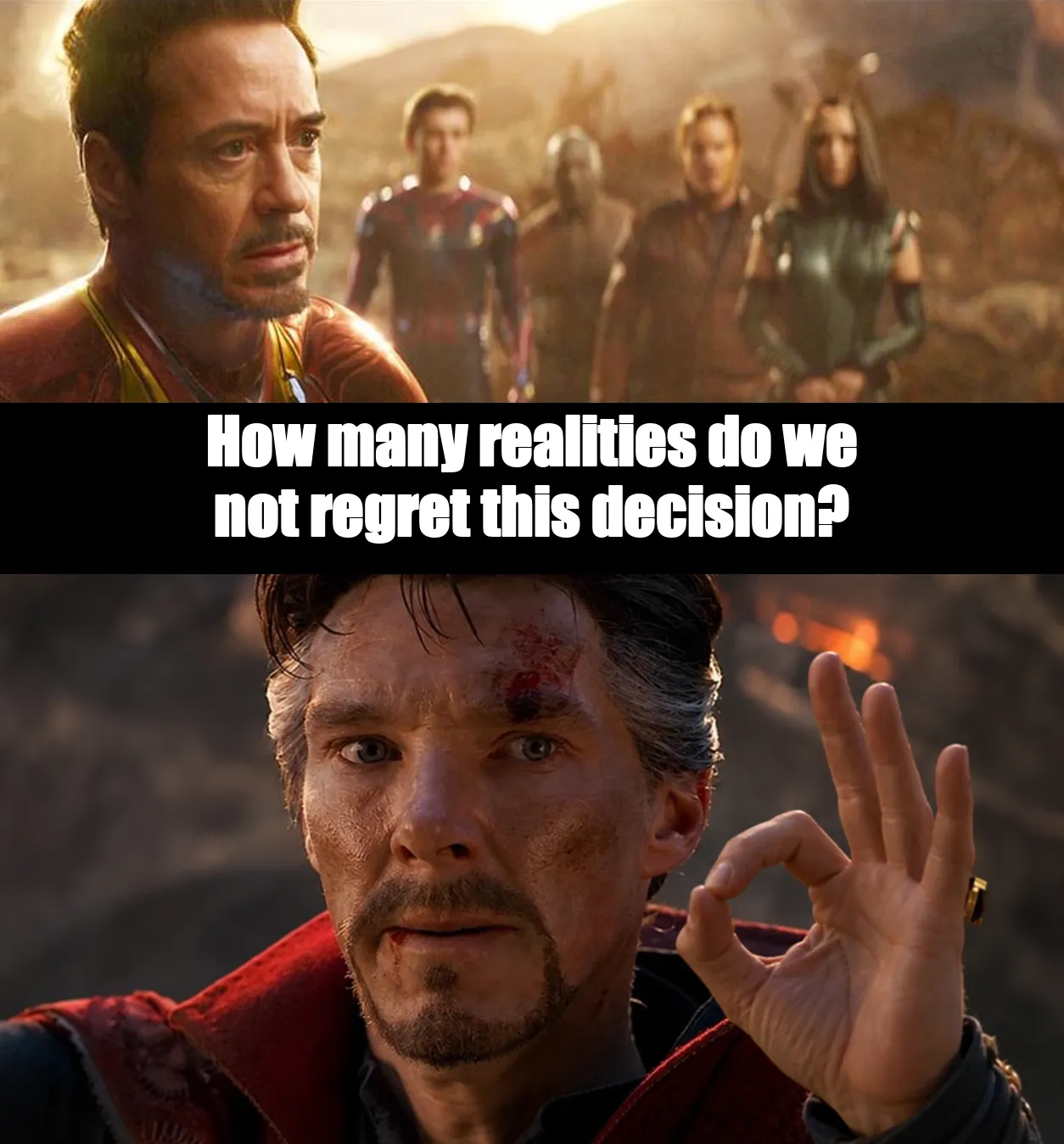 no matter the timeline, pain is inevitable A two-panel Avengers meme. The camera faces Tony Stark under the question “How many realities do we not regret this decision?” In the lower panel, Strange holds up a zero sign, touching his thumb and index finger into a circle, instead of raising one finger.