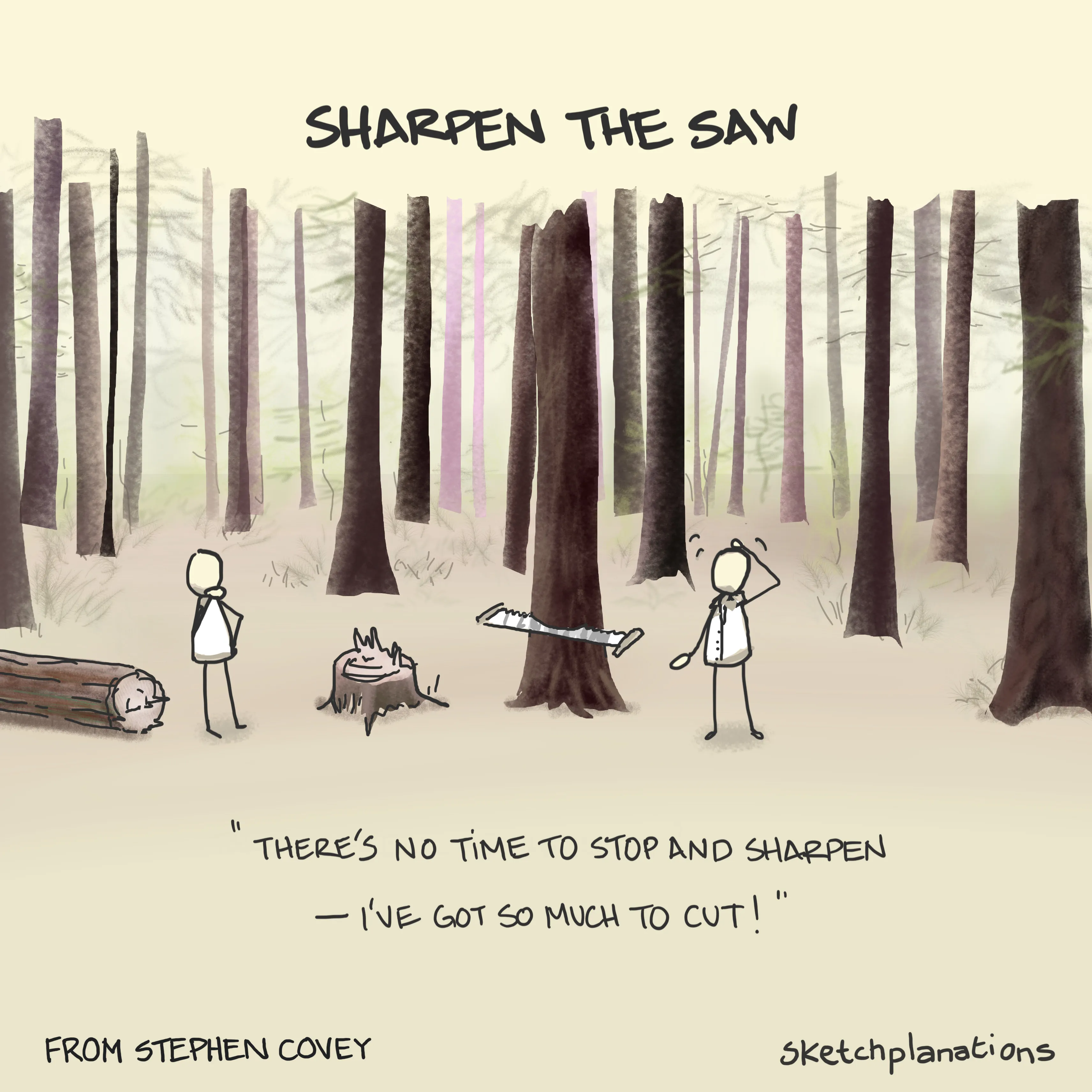 By Jono Hey / Sketchplanations. A Sketchplanations illustration of two figures in a forest, one beside a cut log and one scratching his head beside a saw partway through a tree. The title is Sharpen the Saw. The caption says there is no time to stop and sharpen because there is so much to cut. The drawing credits Stephen Covey's principle and bears the Sketchplanations name.